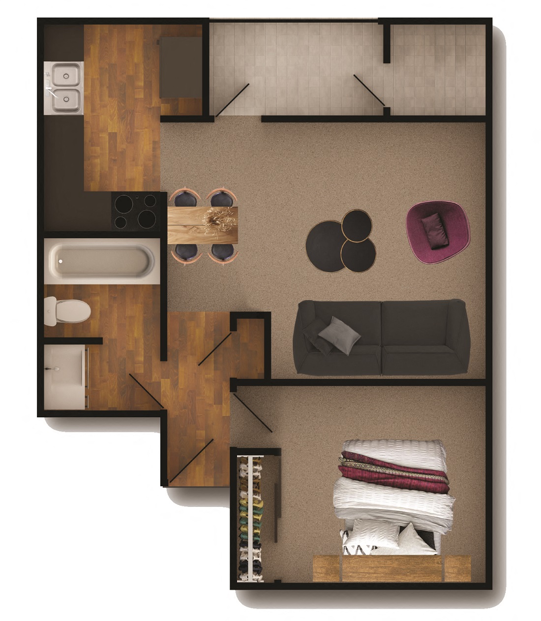 Floor plan for 1 bed, 1 bath, 560 sqft